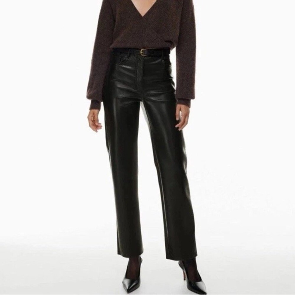 Wilfred Black Faux Leather Straight Pants High Rise Pockets Button Zip Closure